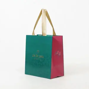 フルカラー印刷の絵柄とゴールドの浮き出し箔が、高級感あふれるスキンケア・コスメブランドのクリスマスコフレ用オリジナル紙袋